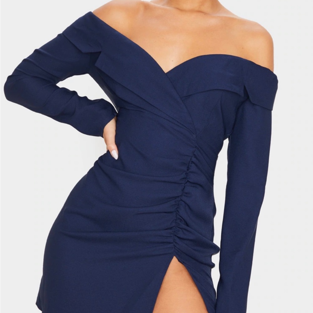 Navy off the shoulder with slit short dress